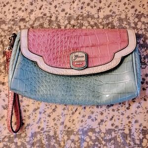 Vintage Guess Elegant Pink and Aqua Croc-Embossed Clutch